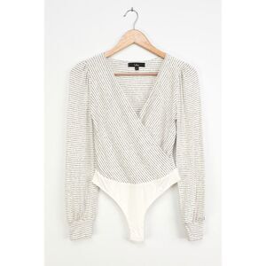Lulus Always Welcome White Striped Surplice Long Sleeve Bodysuit - Size S